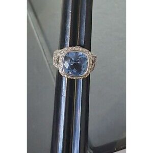 Silver 925 UTC Cushion Cut Simulated  Blue Topaz Clear Accents Sz 7.5 Ring.